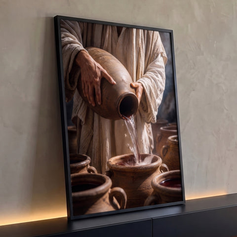Jesus despejando água que vira vinho em jarros de barro, milagre das Bodas de Caná, quadro decorativo