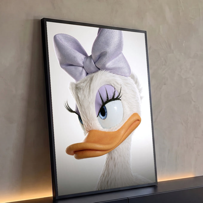 Pata branca em arte digital 3D com laço lilás, cílios longos, olhos azuis e bico laranja, quadro decorativo