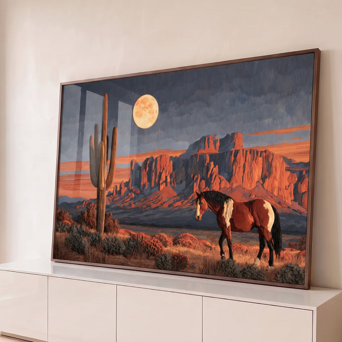 Quadro Decorativo Cavalo no Deserto com Cacto e Lua Cheia | quadros decorativos para sala | cavalo pampa caminhando em deserto com cacto saguaro e lua cheia ao entardecer | Porao dos Quadros