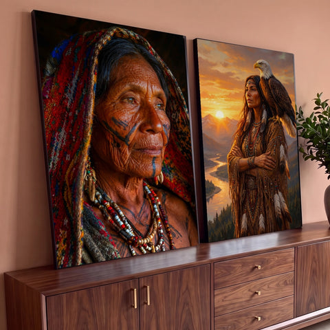Quadro Decorativo Kit 2 Telas Mulher Indígena para Sala | quadros decorativos para sala | díptico com mulher indígena idosa tatuada e mulher com águia careca ao pôr do sol | Porao dos Quadros