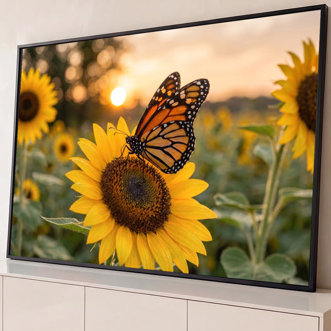 Quadro Decorativo Grande Borboleta Monarca para Sala Amarelo | quadros decorativos para sala | borboleta-monarca pousada em girassol com pôr do sol ao fundo | Porao dos Quadros