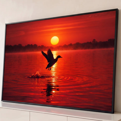 Silhueta de pato decolando de lago com respingos sob sol vermelho e reflexo na água, quadro decorativo