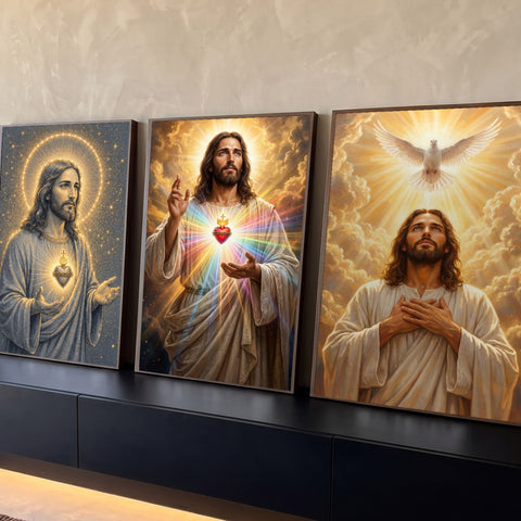 Quadro Decorativo Kit 3 Telas Jesus Luz para Sala Dourado | quadros decorativos para sala | três representações de Jesus Cristo com coração sagrado, luz dourada e pomba branca | Porao dos Quadros