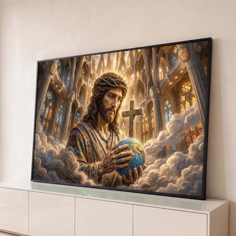 Jesus com coroa de espinhos segura o globo em catedral com vitrais, cruz e nuvens douradas, quadro decorativo