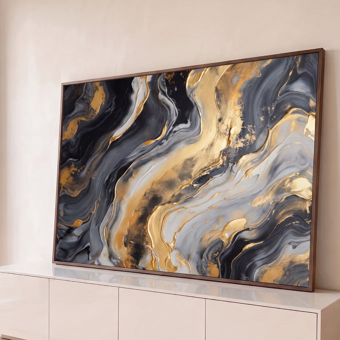 Quadro Decorativo Grande Mármore Líquido para Sala Preto | quadros decorativos para sala | textura abstrata de mármore líquido em preto, cinza e dourado com veios sinuosos | Porao dos Quadros