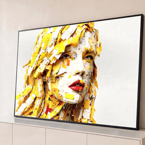Rosto de mulher formado por blocos amarelos e brancos com lábios vermelhos, quadro decorativo