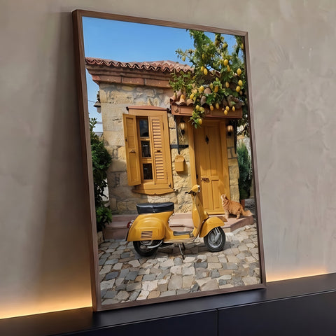 Casa de pedra com porta amarela, Vespa vintage, gato ruivo e limoeiro em vila mediterrânea, quadro decorativo