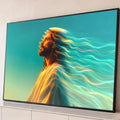 Quadro Decorativo Grande Homem Sagrado para Sala Azul | quadros decorativos para sala | homem sagrado de perfil com cabelo transformado em ondas de luz dourada e azul | Porao dos Quadros