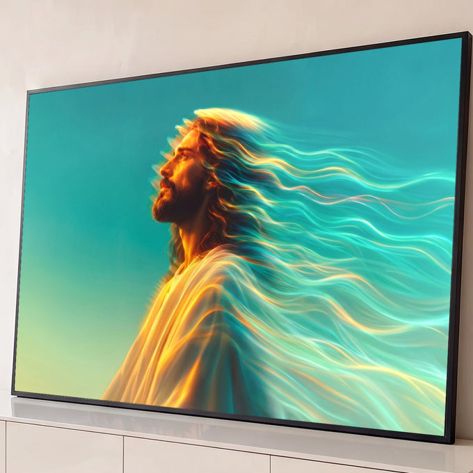 Quadro Decorativo Grande Homem Sagrado para Sala Azul | quadros decorativos para sala | homem sagrado de perfil com cabelo transformado em ondas de luz dourada e azul | Porao dos Quadros