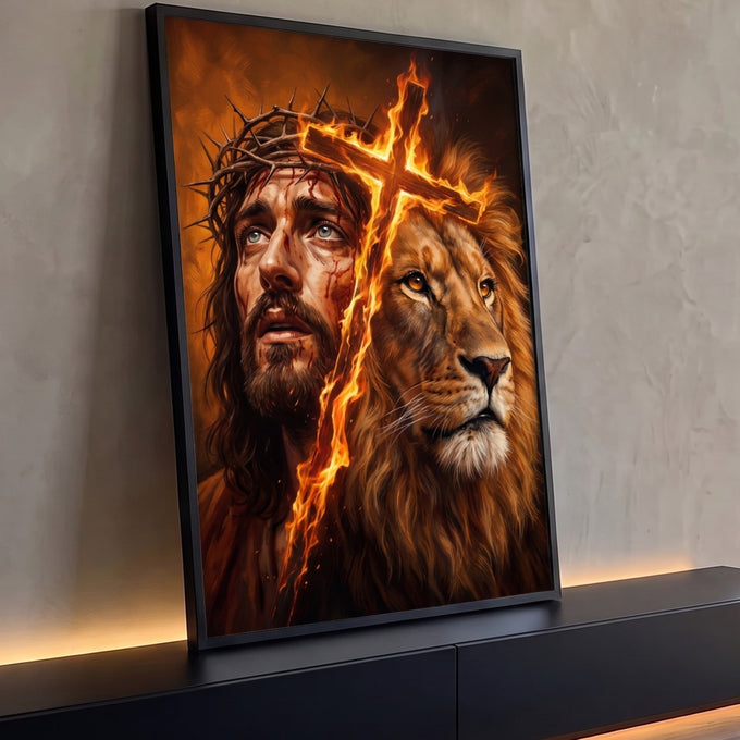 Quadro Decorativo Grande Jesus e Leão para Sala Laranja | quadros decorativos para sala | rosto de Jesus e cabeça de leão unidos por cruz em chamas em tons de laranja | Porao dos Quadros