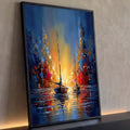 Dois veleiros em canal azul com reflexos vermelhos e luz dourada entre prédios abstratos, quadro decorativo