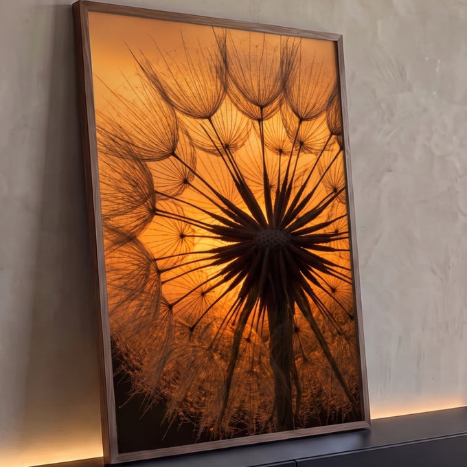 Sementes de dente de leão em macro contra o sol poente laranja, em contraluz, quadro decorativo