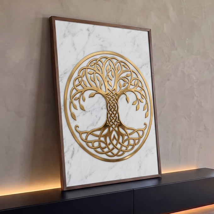 Quadro Decorativo Grande Árvore da Vida Celta para Sala | quadros decorativos para sala | árvore da vida dourada com nó celta em círculo sobre mármore branco | Porao dos Quadros