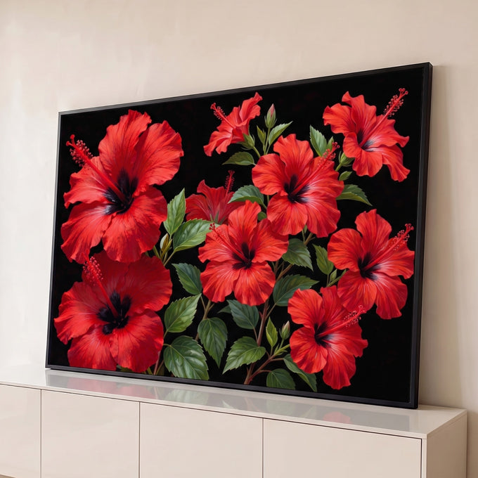 Quadro Decorativo Grande Hibiscos Vermelhos para Sala | quadros decorativos para sala | flores de hibisco vermelho com centro escuro e estames longos sobre fundo preto | Porao dos Quadros