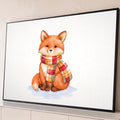 Raposinha laranja em aquarela com cachecol xadrez sentada sobre a neve em fundo branco, quadro decorativo