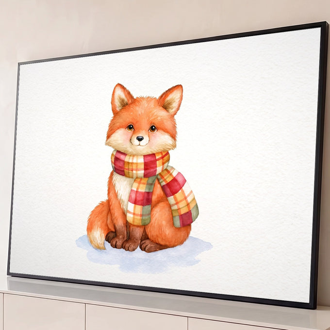 Raposinha laranja em aquarela com cachecol xadrez sentada sobre a neve em fundo branco, quadro decorativo