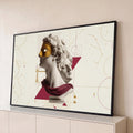 Busto grego de Apolo com máscara dourada, manto vinho, coluna e constelações em fundo bege, quadro decorativo