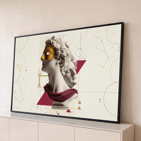 Busto grego de Apolo com máscara dourada, manto vinho, coluna e constelações em fundo bege, quadro decorativo