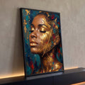 Mulher negra de olhos fechados com folha dourada rendada no rosto e fundo azul em óleo, quadro decorativo
