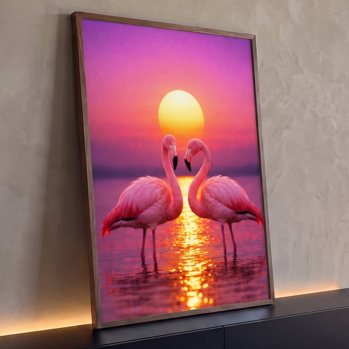 Quadro Decorativo Flamingos Formando Coração ao Pôr do Sol | quadros decorativos para sala | dois flamingos rosa formando coração com pescoços curvados ao pôr do sol roxo | Porao dos Quadros