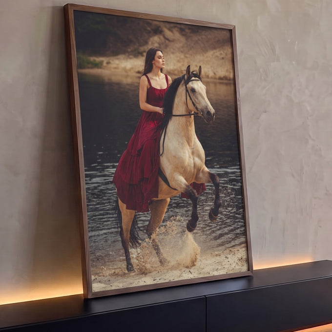Mulher de vestido vinho montando cavalo baio que galopa na água do lago levantando areia, quadro decorativo