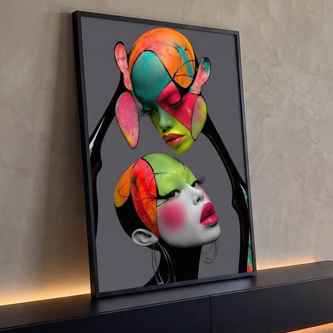 Duas mulheres pop art com rostos pintados em laranja, verde e rosa sobre fundo cinza, quadro decorativo