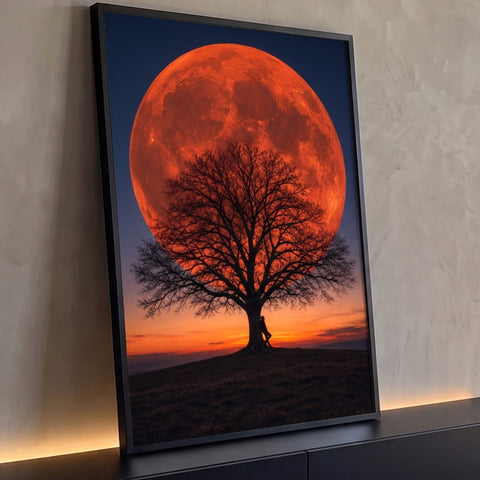 Lua cheia vermelha gigante atrás de árvore sem folhas com homem encostado ao pôr do sol, quadro decorativo