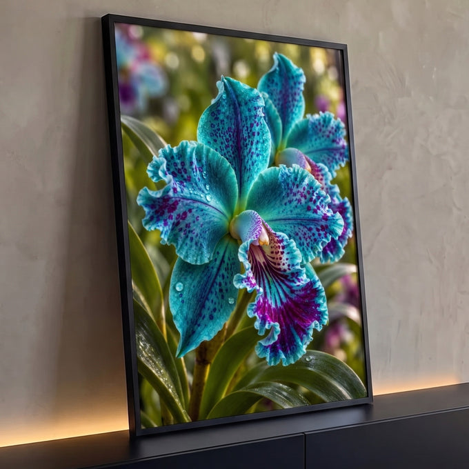 Orquídea turquesa com manchas roxas, pétalas onduladas e gotas de orvalho em jardim, quadro decorativo