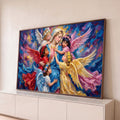 Nossa Senhora de manto azul abraçada por anjinhos de asas coloridas em pintura a óleo, quadro decorativo