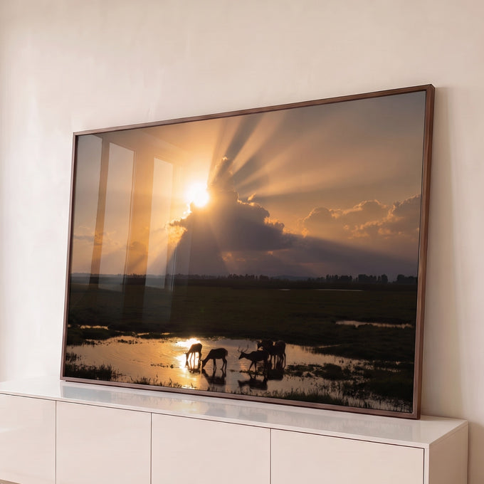 Quadro Decorativo Grande Veados na Lagoa para Sala Laranja | quadros decorativos para sala | veados silhuetados bebendo água numa lagoa ao pôr do sol com raios de luz | Porao dos Quadros