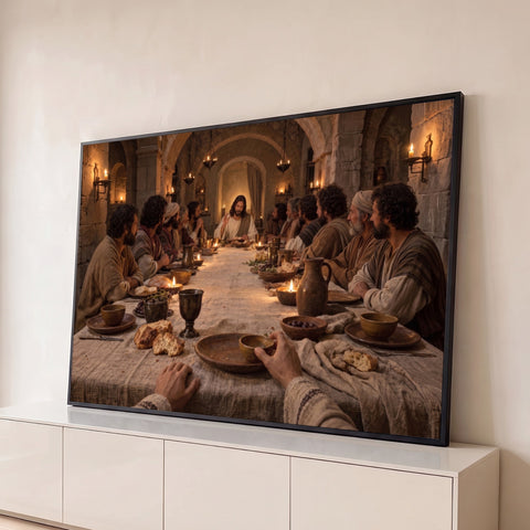 Jesus e os apóstolos numa mesa longa com pão, vinho e velas em salão de pedra, quadro decorativo