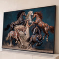 Cavalos empinados com estampas florais douradas em volta de mulher de vestido bege, fundo azul, quadro decorativo