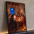Quadro Decorativo Grande Última Ceia Luz de Velas para Sala | quadros decorativos para sala | Jesus e apóstolos à mesa durante a Última Ceia, sala de pedra iluminada por velas | Porao dos Quadros