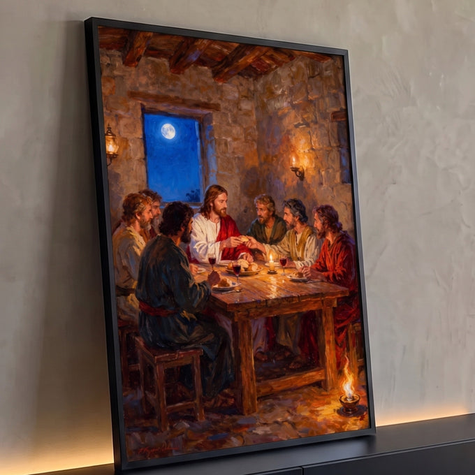 Quadro Decorativo Grande Última Ceia Luz de Velas para Sala | quadros decorativos para sala | Jesus e apóstolos à mesa durante a Última Ceia, sala de pedra iluminada por velas | Porao dos Quadros