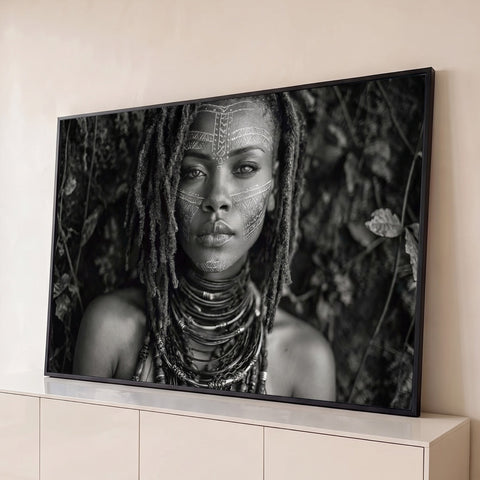 Retrato de mulher negra com dreadlocks, pintura facial tribal e colares, em preto e branco, quadro decorativo