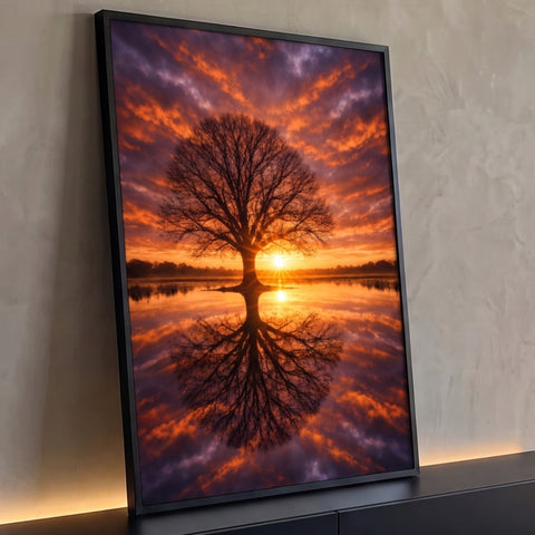 Quadro Decorativo Grande Árvore Refletida Laranja para Sala | quadros decorativos para sala | árvore sem folhas refletida na água sob céu alaranjado de pôr do sol | Porao dos Quadros
