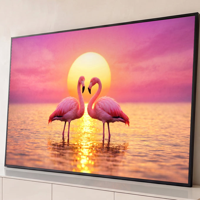 Dois flamingos rosa formando um coração diante do sol dourado refletido na água, quadro decorativo