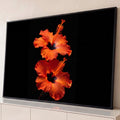 Quadro Decorativo Grande Flores de Hibisco para Sala Laranja | quadros decorativos para sala | duas flores de hibisco laranja e vermelho com centro escuro em fundo preto | Porao dos Quadros