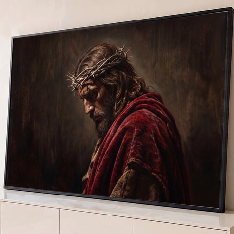 Jesus Cristo cabisbaixo de perfil com coroa de espinhos e manto vermelho em fundo escuro, quadro decorativo