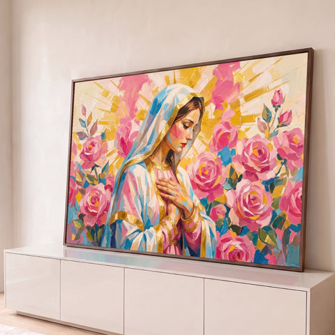 Nossa Senhora com mão no peito entre rosas cor-de-rosa e raios dourados em pintura a óleo, quadro decorativo