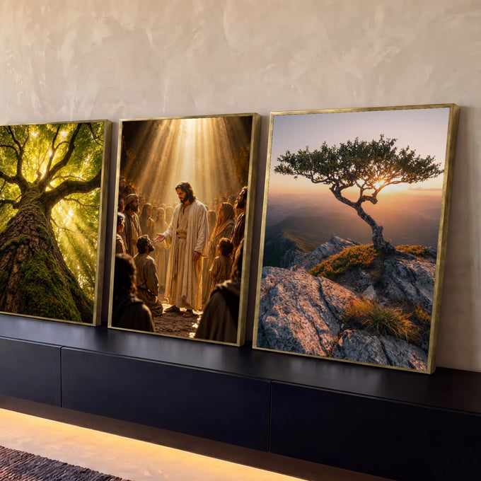 Quadro Decorativo Kit 3 Telas Jesus a Multidão para Sala | quadros decorativos para sala | Jesus cercado por multidão sob luz dourada, entre árvore na floresta e árvore no penhasco | Porao dos Quadros