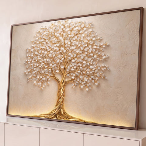 Árvore da vida dourada com tronco trançado e folhas brancas em relevo sobre parede bege, quadro decorativo