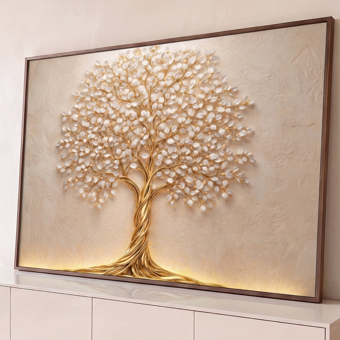 Árvore da vida dourada com tronco trançado e folhas brancas em relevo sobre parede bege, quadro decorativo