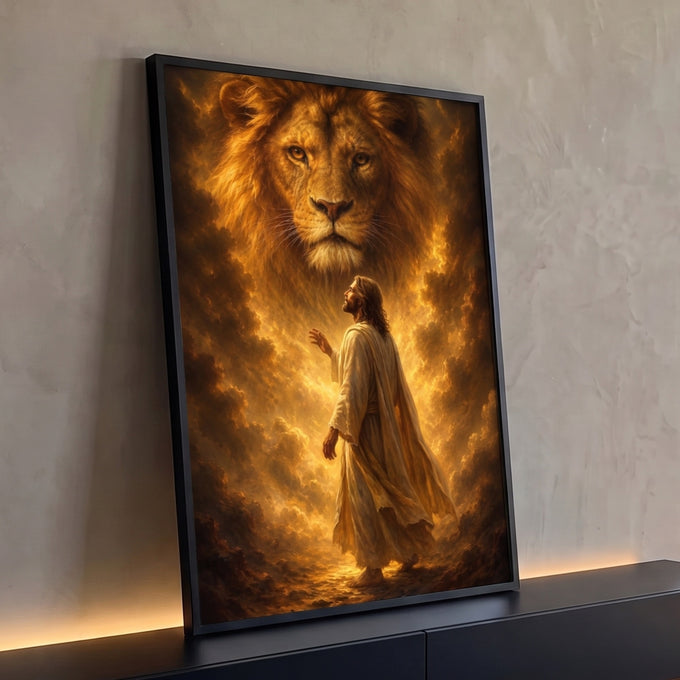 Quadro Decorativo Grande Leão e Jesus Dourado para Sala | quadros decorativos para sala | homem de manto claro olhando para um leão dourado gigante em nuvens de fogo | Porao dos Quadros