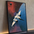 Quadro Decorativo Nave Espacial Branca sobre Planeta Azul | quadros decorativos para sala | nave espacial branca sobrevoando planeta azul sob céu vermelho e laranja | Porao dos Quadros