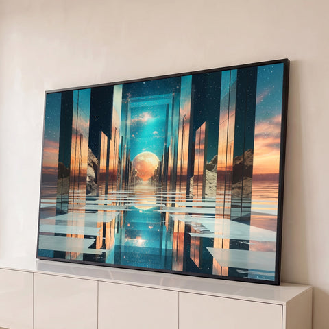 Corredor de colunas espelhadas refletindo lua dourada sob céu estrelado azul, quadro decorativo