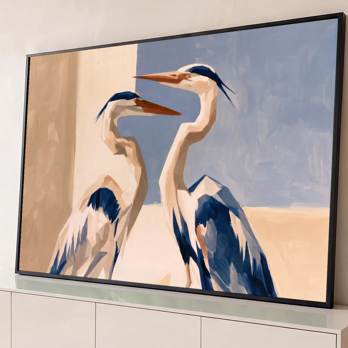 Quadro Decorativo Grande Duas Garças para Sala Azul | quadros decorativos para sala | duas garças brancas e azuis com bicos laranja entrelaçando os pescoços | Porao dos Quadros