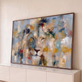 Quadro Decorativo Grande Leão Abstrato para Sala Cinza | quadros decorativos para sala | rosto de leão abstrato em pinceladas de cinza, bege e dourado | Porao dos Quadros