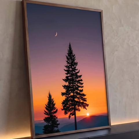Pinheiros em silhueta, lua crescente e pôr do sol laranja e roxo sobre montanhas, quadro decorativo
