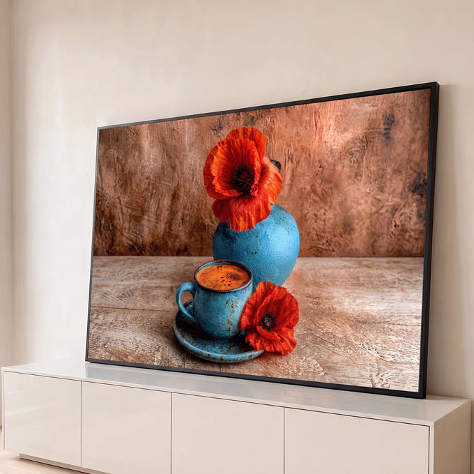 Xícara azul de café expresso, vaso azul e papoulas vermelhas sobre mesa de madeira rústica, quadro decorativo